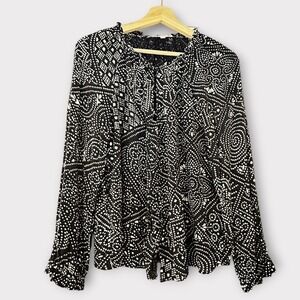 Lucky Brand Navy White Boho Geometric Peasant Style Blouse Size S